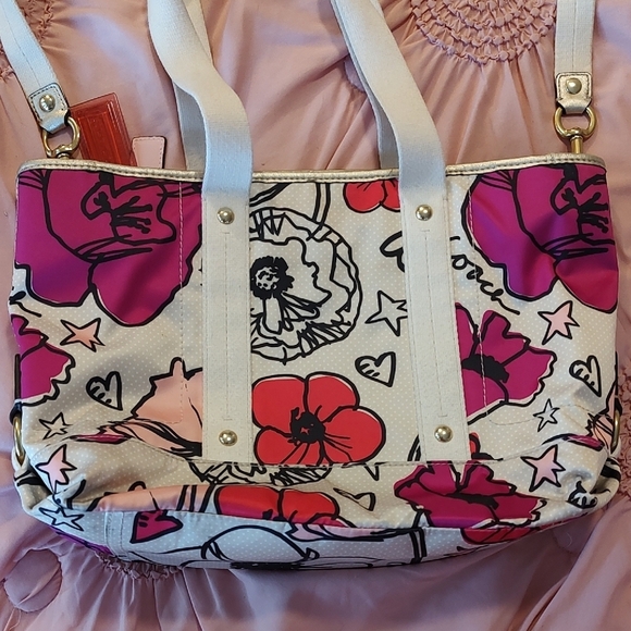 Coach Canvas Floral Crossbody Tote Bag Red and Pink - Picture 3 of 9